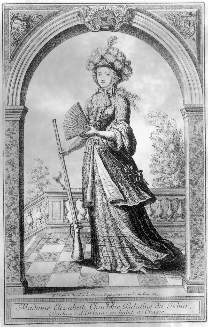 Elizabeth Charlotte Pfalzból, Orléans hercegnője, vadászjelmezben, 1689 alkotó: French School