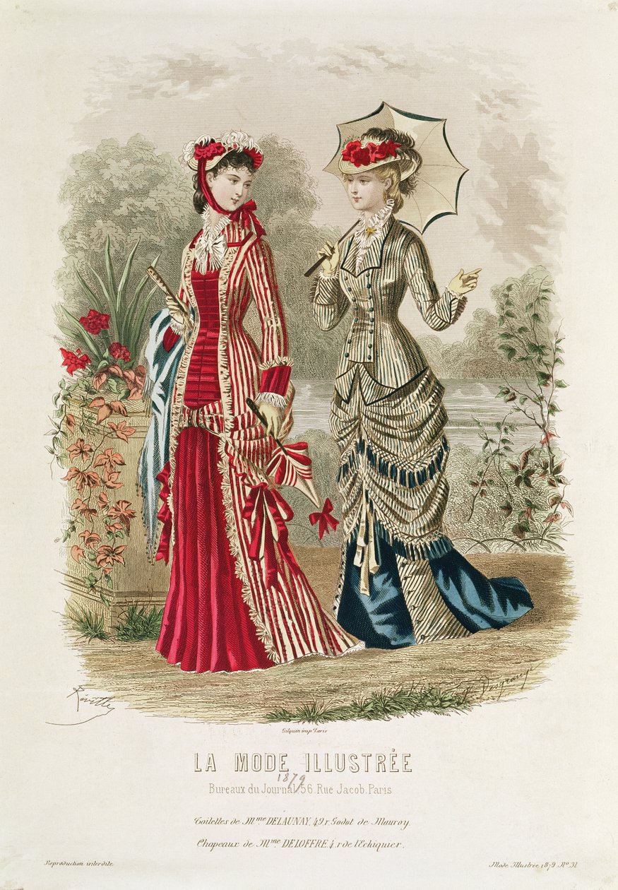 Divattábla sapkákkal és ruhákkal, illusztráció a „La Mode Illustree”-ből, 1879 alkotó: French School