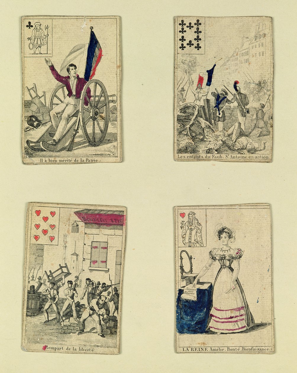 Négy játékkártya 1830. július hőseinek emlékére alkotó: French School