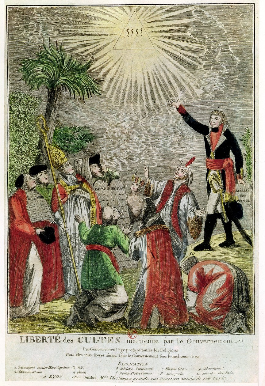 Istentisztelet szabadsága Napóleon konzulsága idején, Napóleont a Legfelsőbb Lény felé mutatva, 1799 (színes metszet) alkotó: French School