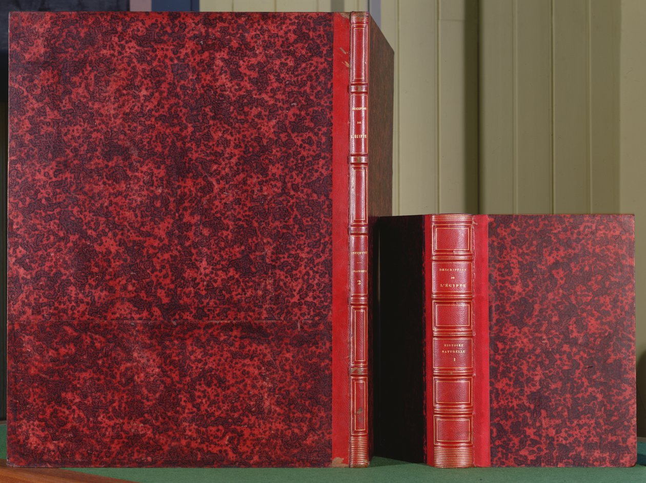 A Description de lEgypte, 1. könyv, II. kötet, Régiségek elülső borítója és a 8. könyv I. kötetének hátlapja, Histoire Naturelle, 1809 (bőr) alkotó: French School