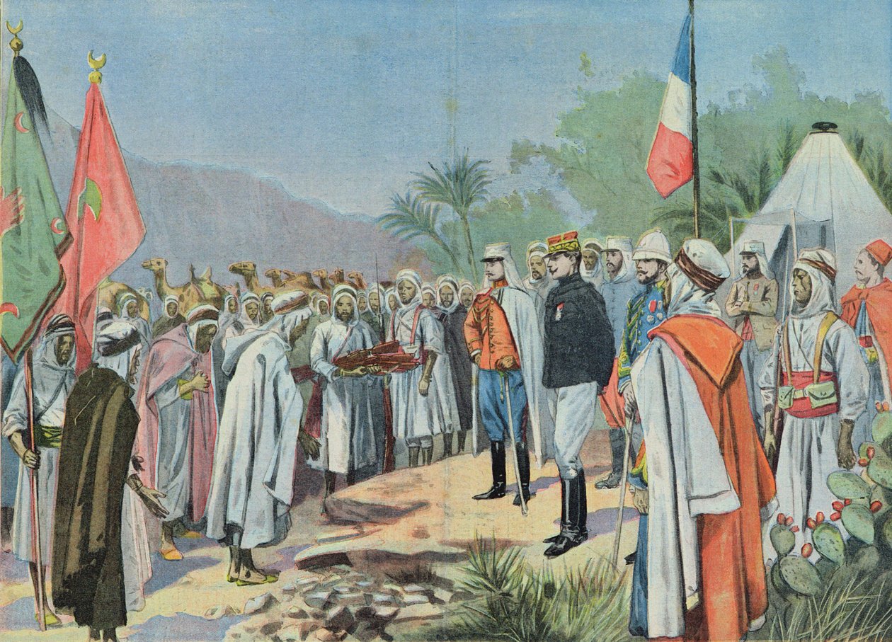 Lyautey tábornok (1854-1934) megkapta egy lázadó törzs feladását Marokkóban, a Le Petit Parisienből, 1912 alkotó: French School