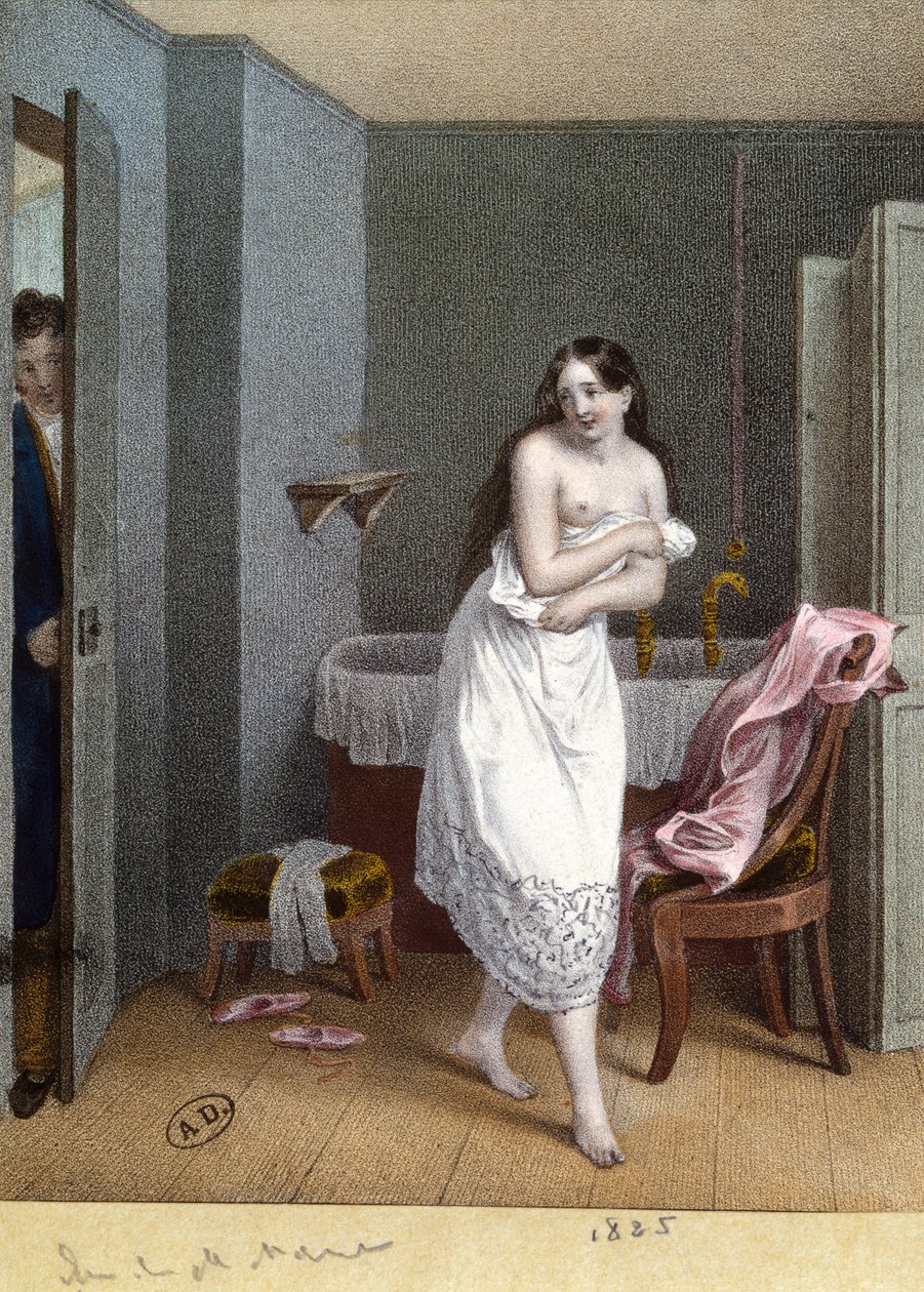 Lány a fürdőszobában és az ajtót nyitó férfi, 1825 alkotó: French School