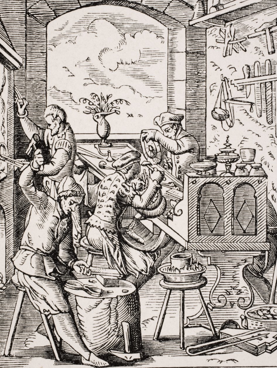 Goldsmith, Jost Amman (1539-91) fametszetének reprodukciója Paul Lacroix (1806-84) „Le Moyen Age et La Renaissance” című művéből, 1847-ben megjelent alkotó: French School
