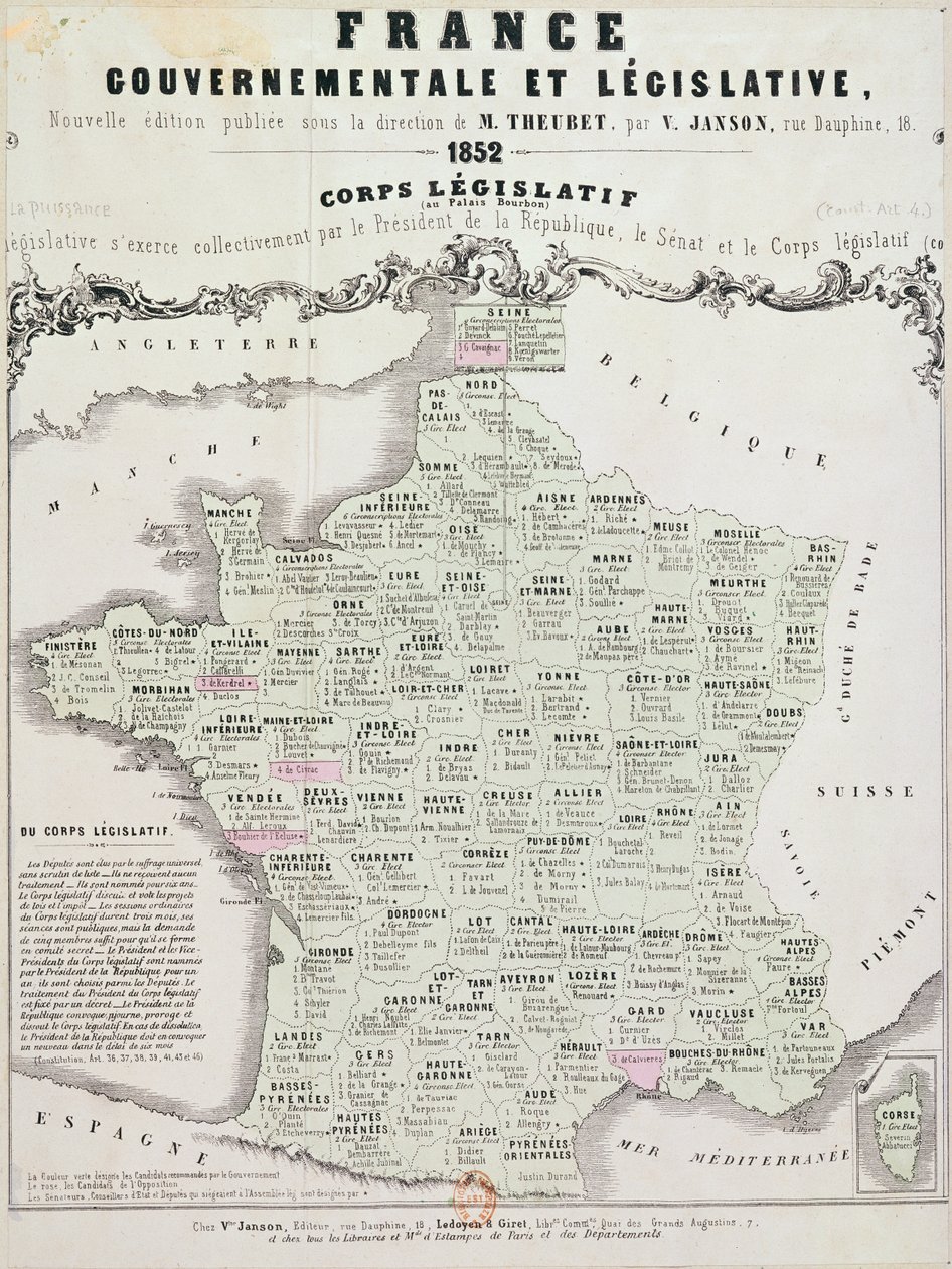 Franciaország kormányzati és törvényhozási térképe, nyomtatta Ledoyen und Giret, Párizs, 1852 alkotó: French School