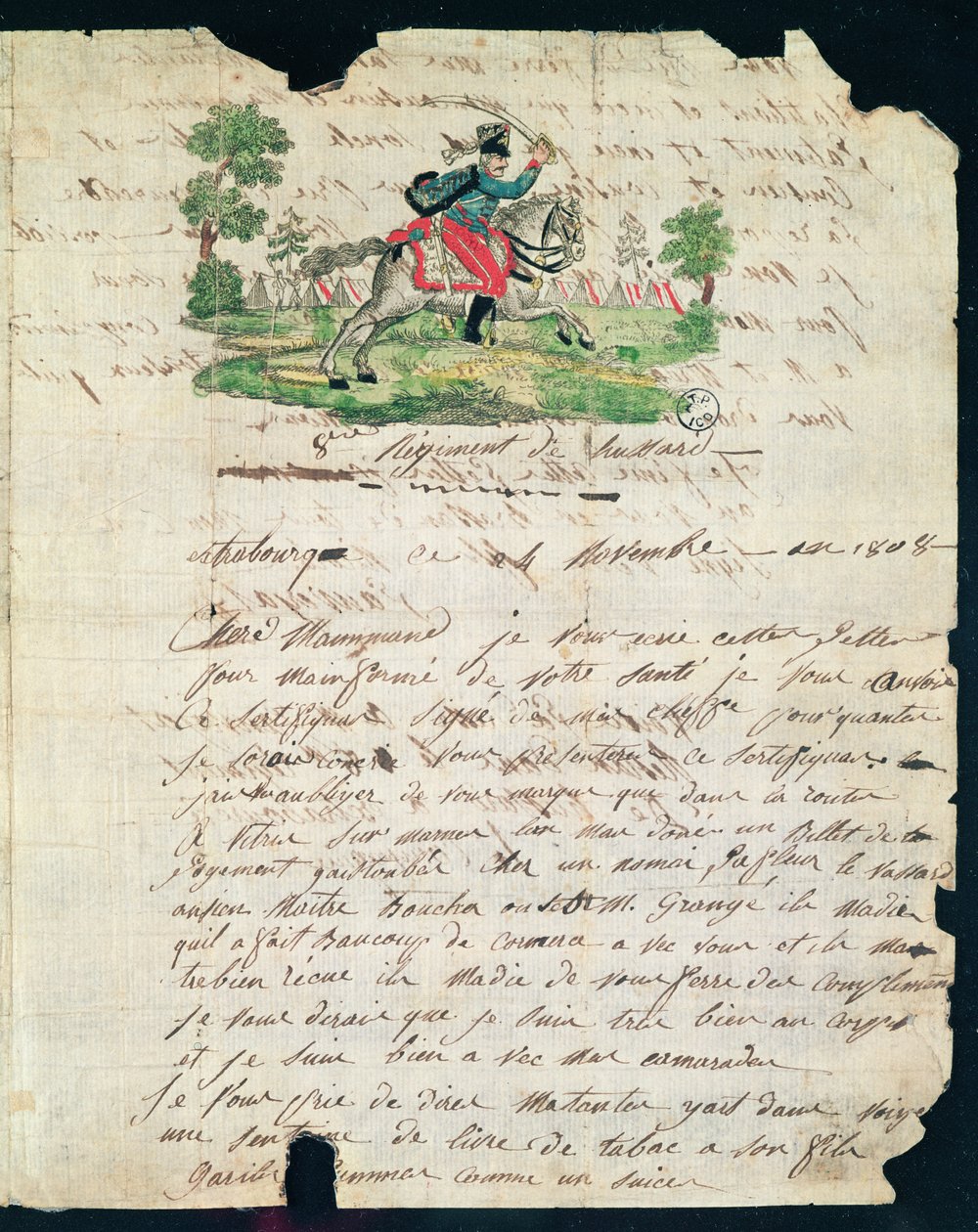 A 8. ezred egyik huszárának illusztrált levele édesanyjának, 1808. november 14-én (toll, tinta és wc papíron) alkotó: French School