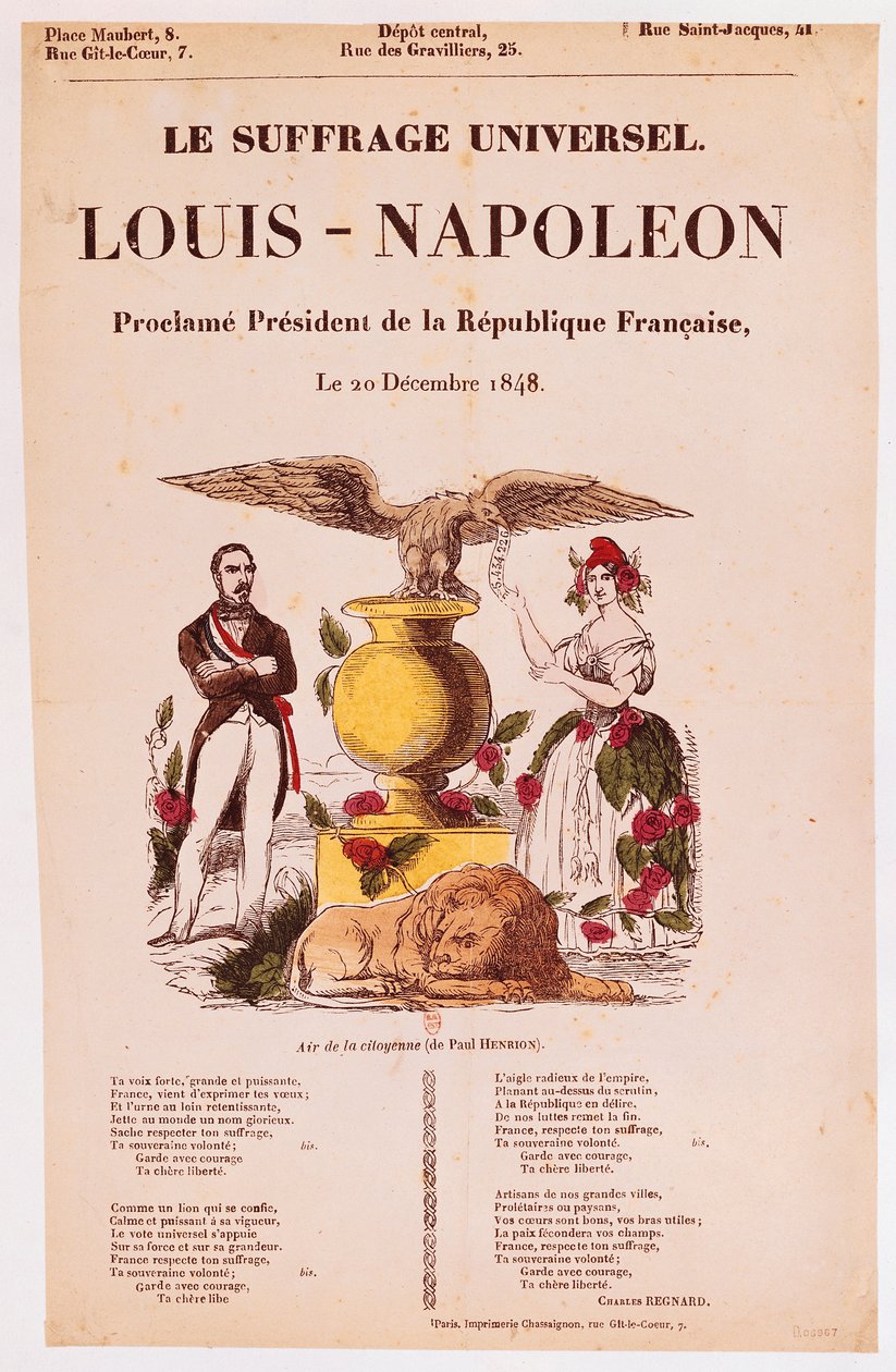 Illusztrált dalszöveglap a „Le Suffrage Universel, Louis-Napoleon kikiáltása a Francia Köztársaság elnökének” című művéhez, 1848 (színes fametszet) alkotó: French School