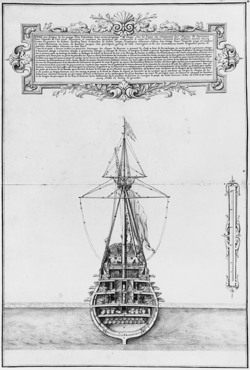 Teljesen felfegyverzett és felszerelt hajó belső fara, illusztráció az „Atlas de Colbert”-ből, 43. tábla (ceruza és WC papíron) alkotó: French School