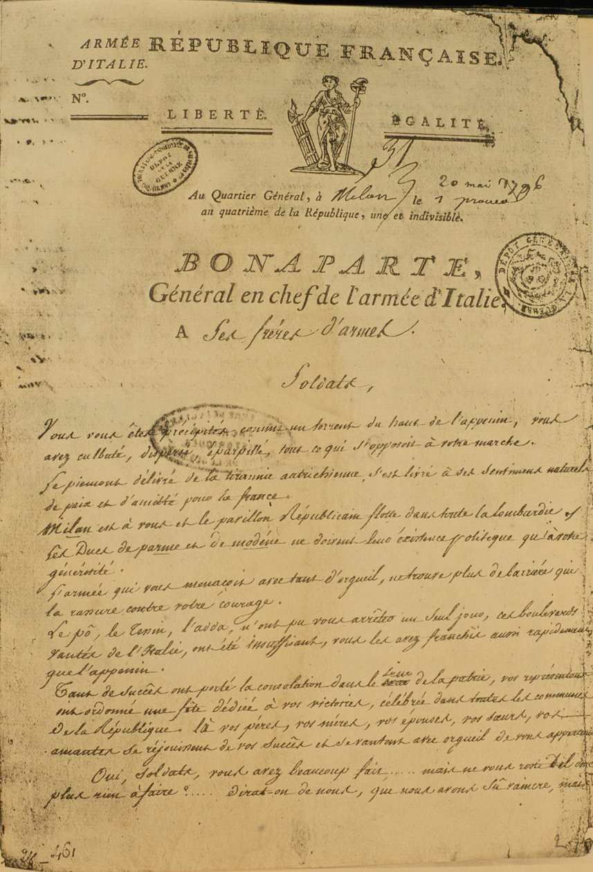 Napóleon, mint az olasz hadsereg tábornoka által kiadott utasítások katonáknak, 1796. május 20. alkotó: French School