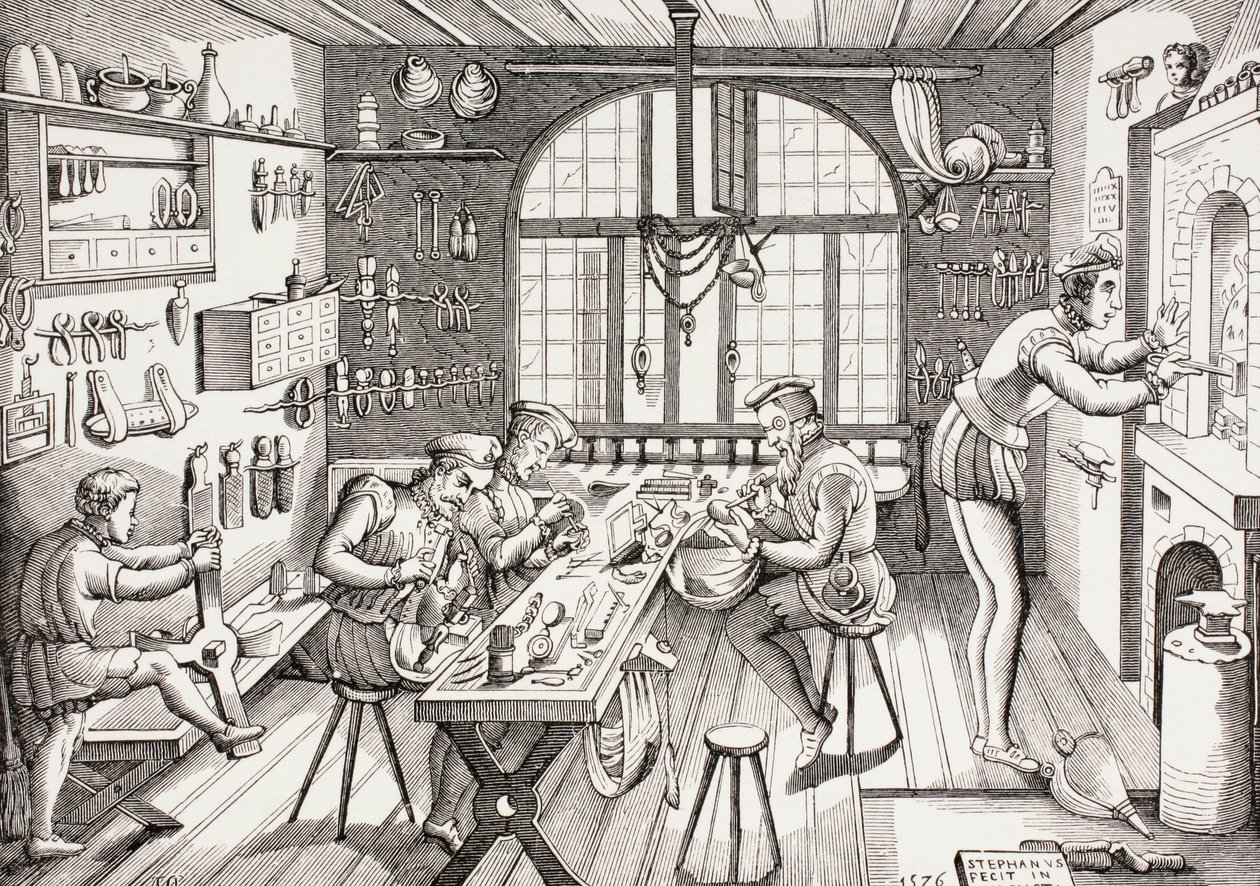 Etienne Delaune műhelyének belseje a „Les Arts au Moyen Age”-ből, 1873-ban alkotó: French School