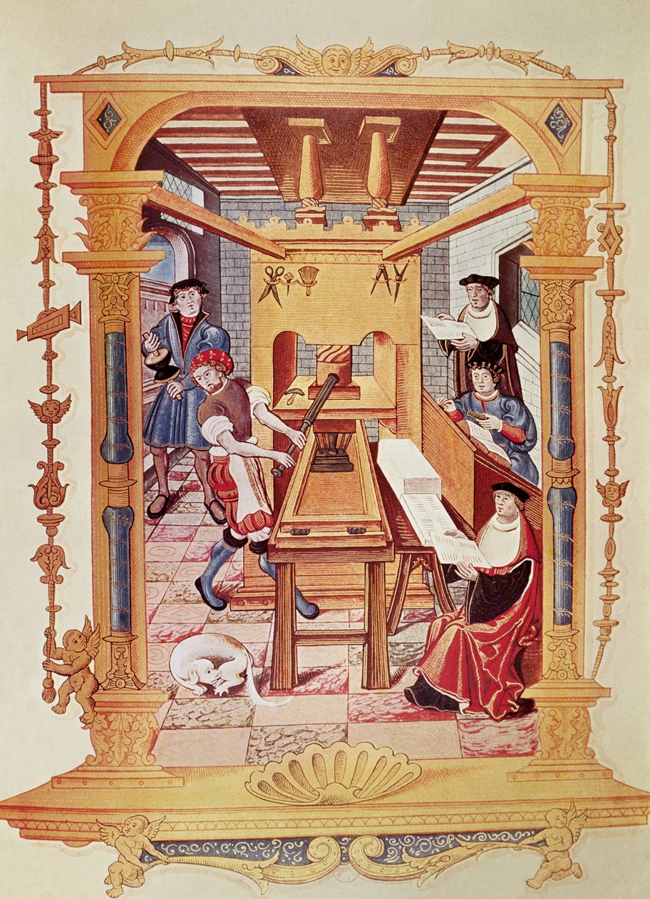 Egy 16. századi nyomda belseje, a "Chants royaux sur la Conception Couronnee du Puy de Rouen" miniatúrájának másolata alkotó: French School