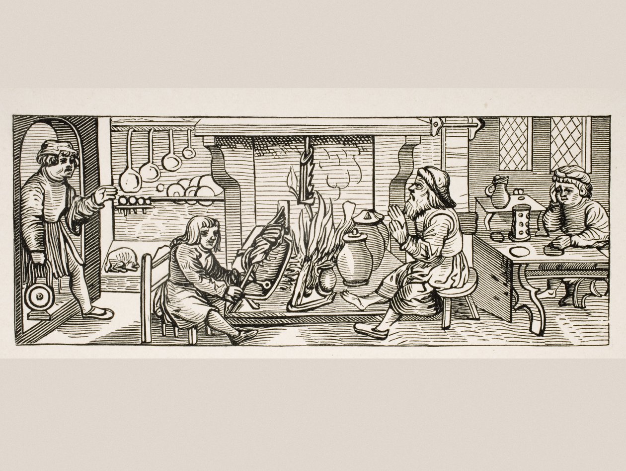 Egy konyha belseje, Jean Staeffler Calendarium Romanum fametszete nyomán, nyomtatott Tubingen, Németország, 1518, a Le Moyen Age et La Renaissance, Paul Lacroix (1806-84) 1847-ben. alkotó: French School