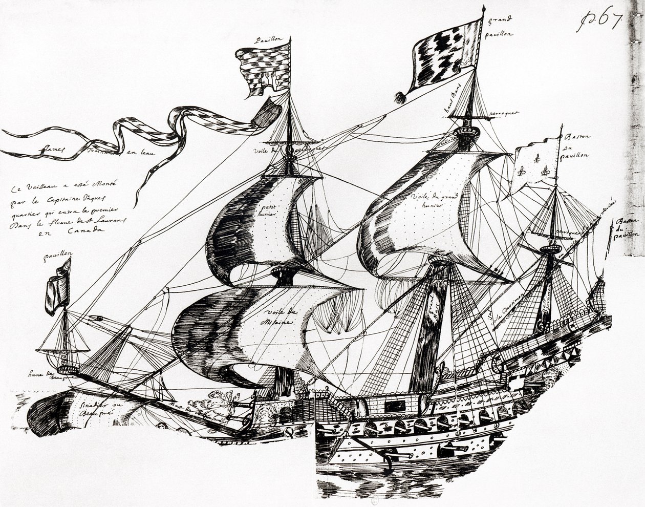 Jacques Cartier hajója a „Rarete des Indes sauvage”-ból, Codex canadienneis (toll és tinta papíron) alkotó: French School