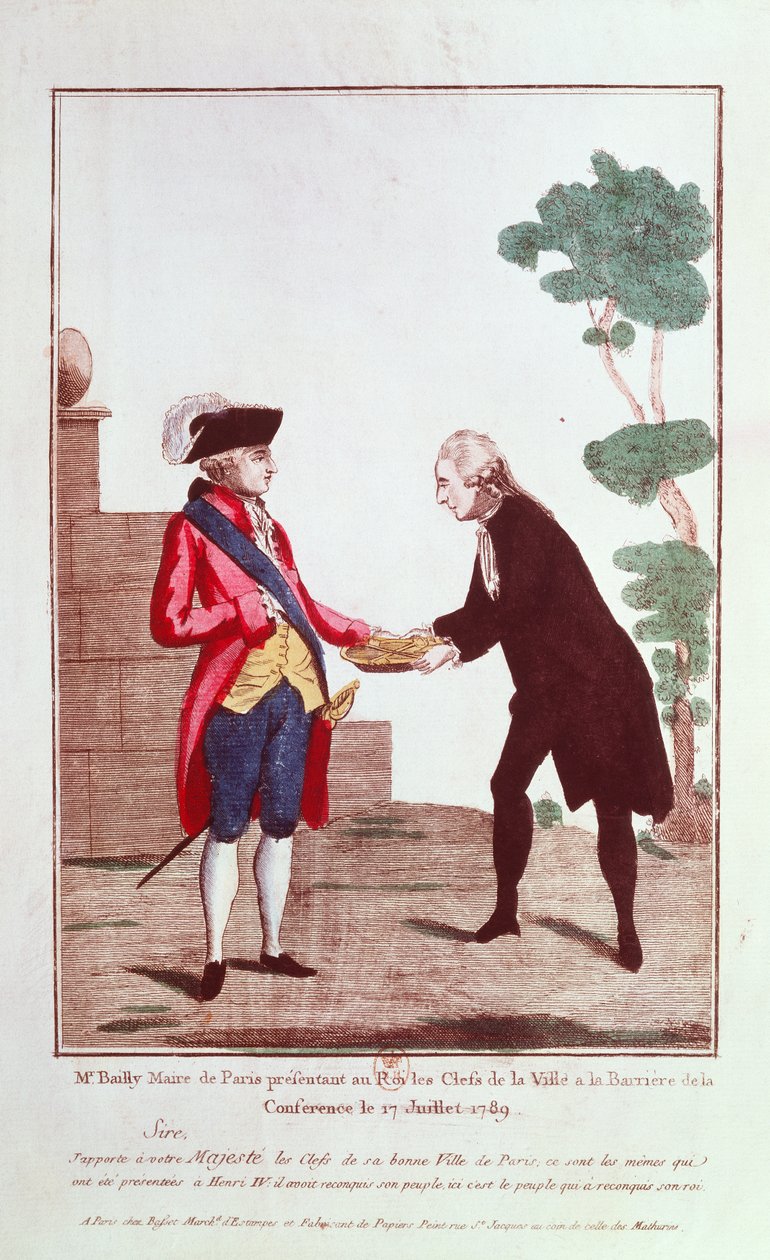 Jean Sylvain Bailly (1736-93) átadja XVI. Lajosnak (1754-93) Párizs városának kulcsait, 1789. július 17. alkotó: French School