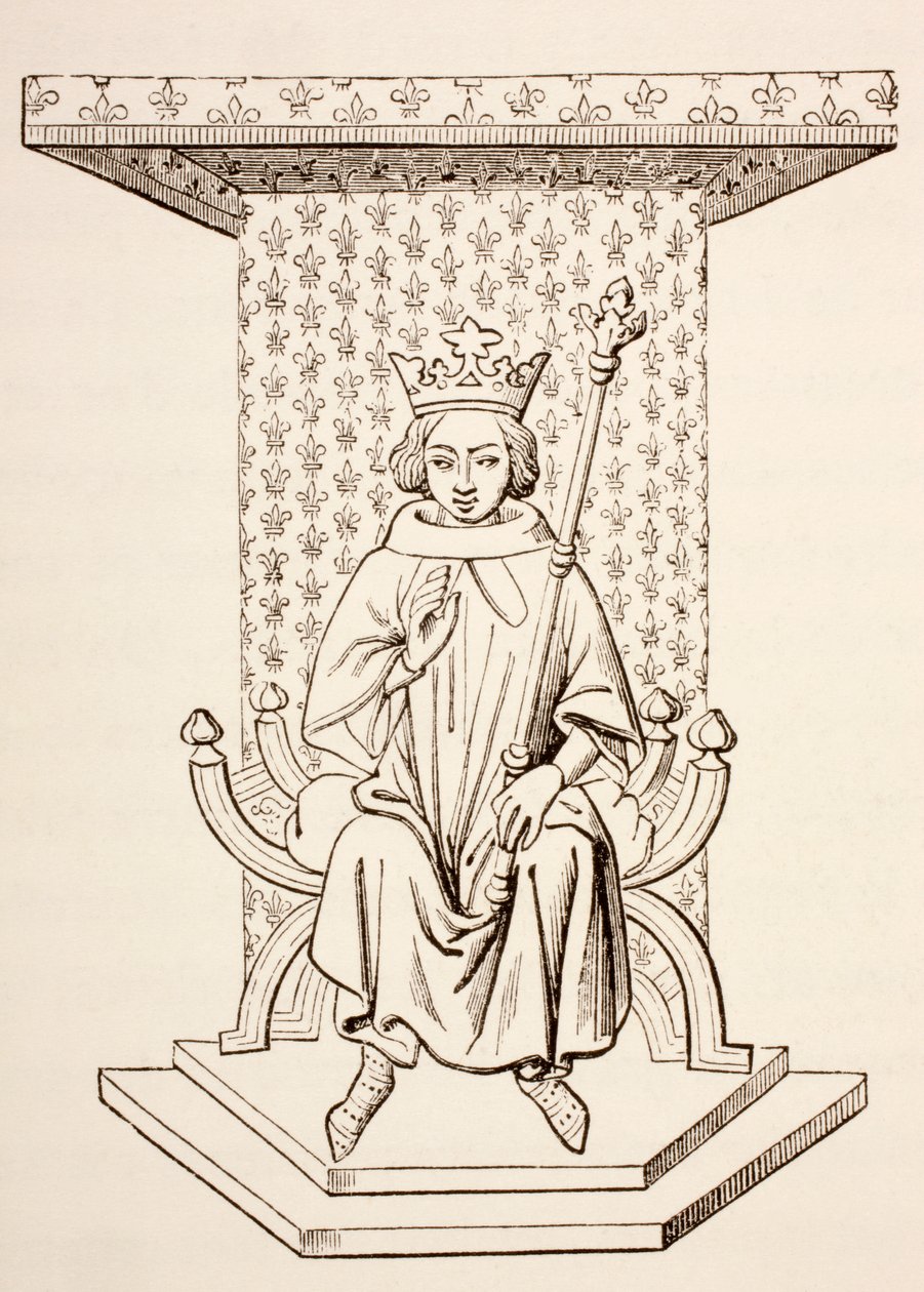 IX. Lajos francia király a trónján Fleur-de-Lis motívummal, 1873 alkotó: French School
