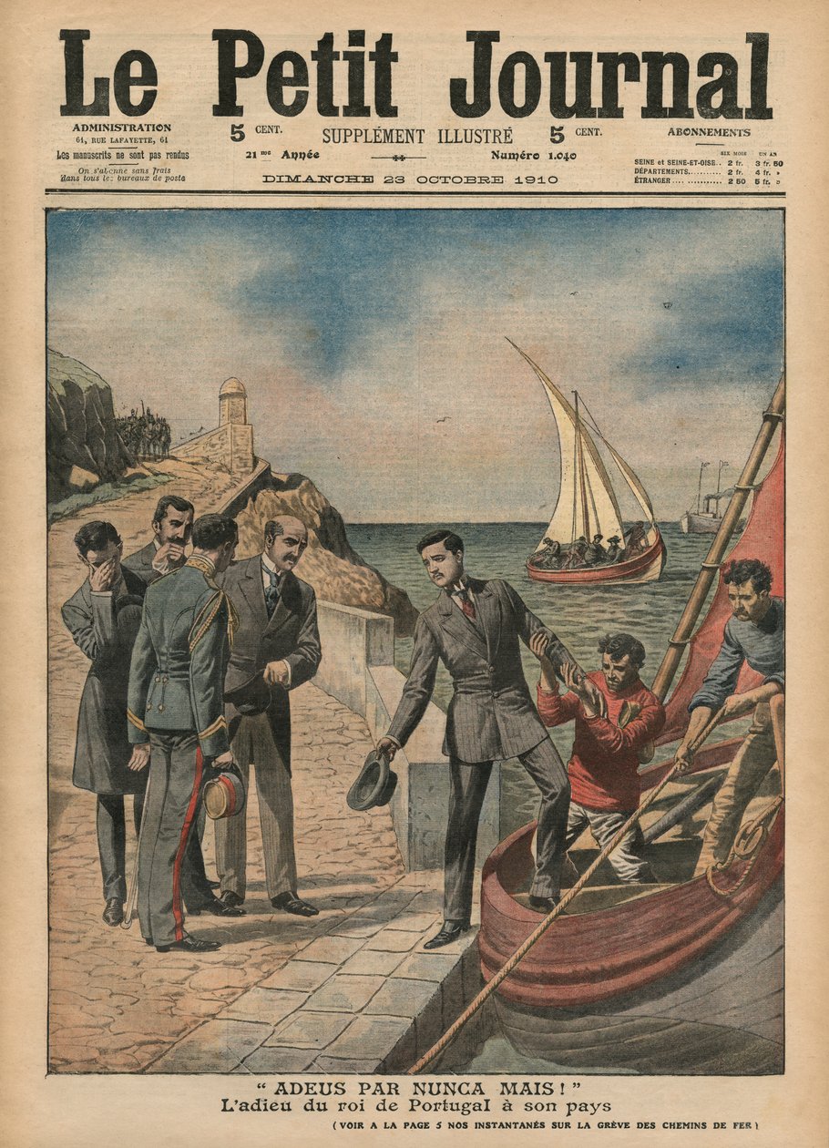 II. Mánuel portugál király búcsút int hazájától, „Adeus par nunca mais”, illusztráció a „Le Petit Journal”-ból, illustre melléklet, 1910. október 23. alkotó: French School