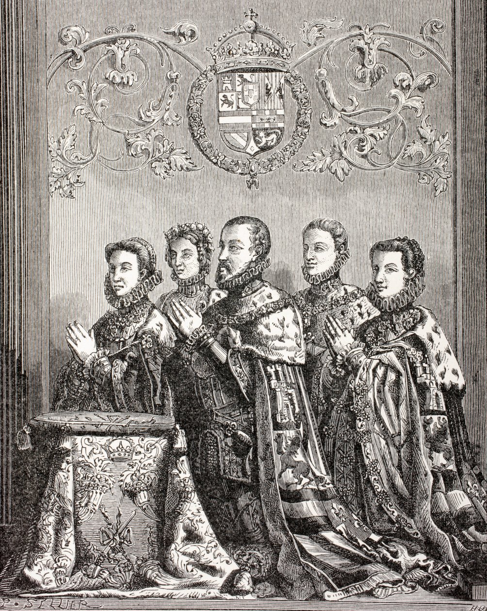 II. Fülöp spanyol király három feleségével Paul Lacroix „Katonai és vallási élet a középkorban” című művéből, 1880 körül Londonban megjelent alkotó: French School