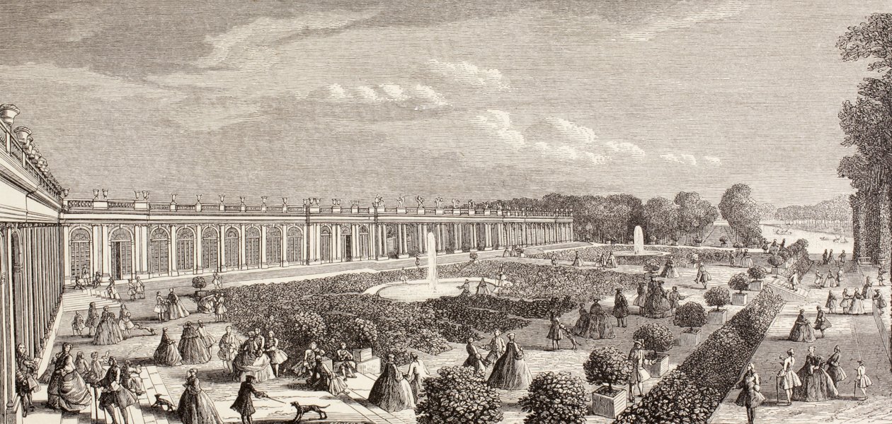 Le Grand Trianon, Versailles, a 18. században, a „XVIII. Siecle Institutions, Usages et Costumes” című művéből, 1875-ben alkotó: French School