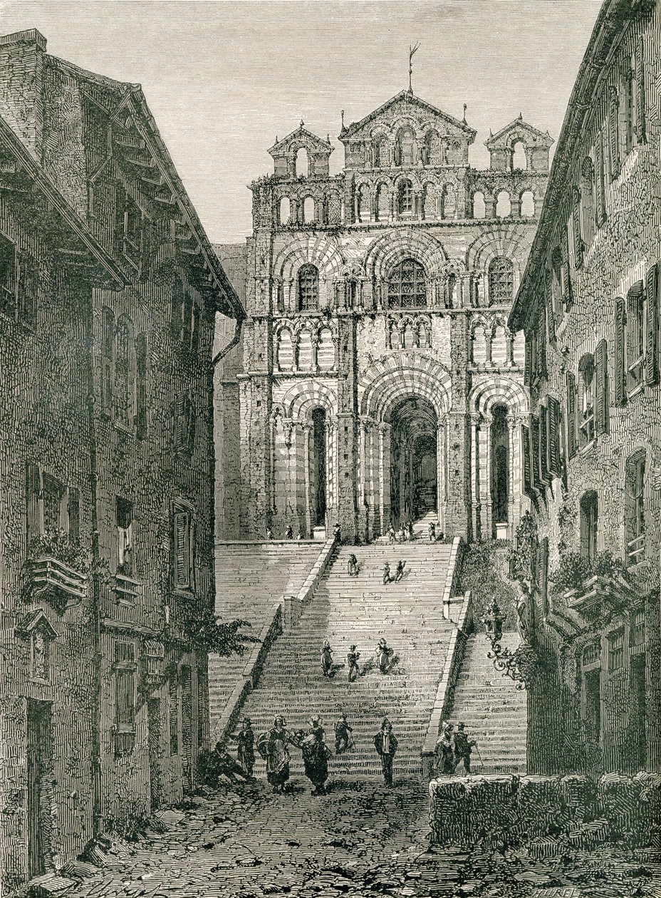 Le Puy katedrális, Le Puy-en-Velay, Auvergne, a 19. században, Samuel G. Green tiszteletes "French Pictures" című, 1878-ban megjelent művéből. alkotó: French School