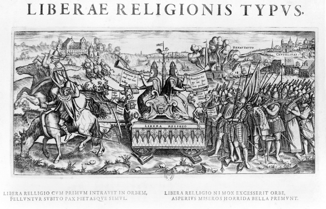 „Librae Religionis Typus”: Kálvin Jánost (1509-64) és Luther Mártont (1483-1546) ábrázoló allegóriája a reformációról alkotó: French School