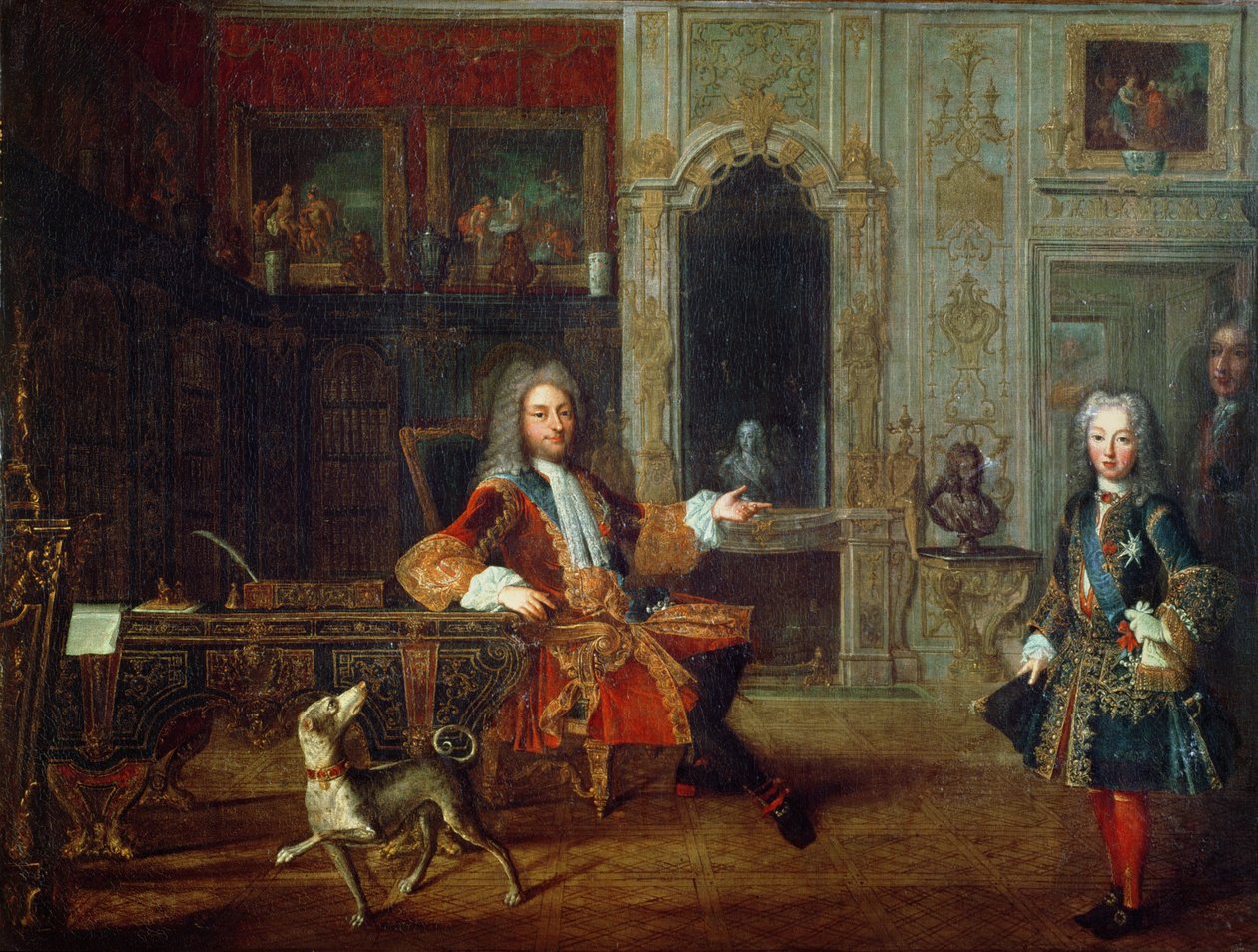XV. Lajos (1710-74) és a régens, II. Fülöp (1674-1723) Orléans hercege a Versailles-i Nagy Dauphin tanulmányozásában, 1720 körül alkotó: French School