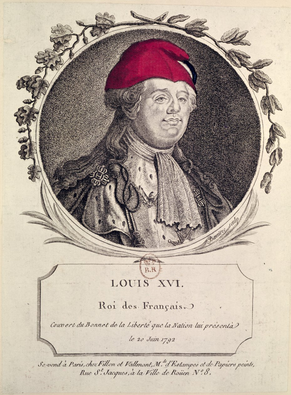 XVI. Lajos (1754-93) a nemzet által neki ajándékozott fríg motorháztetőt viselve, 1792. június 20. alkotó: French School