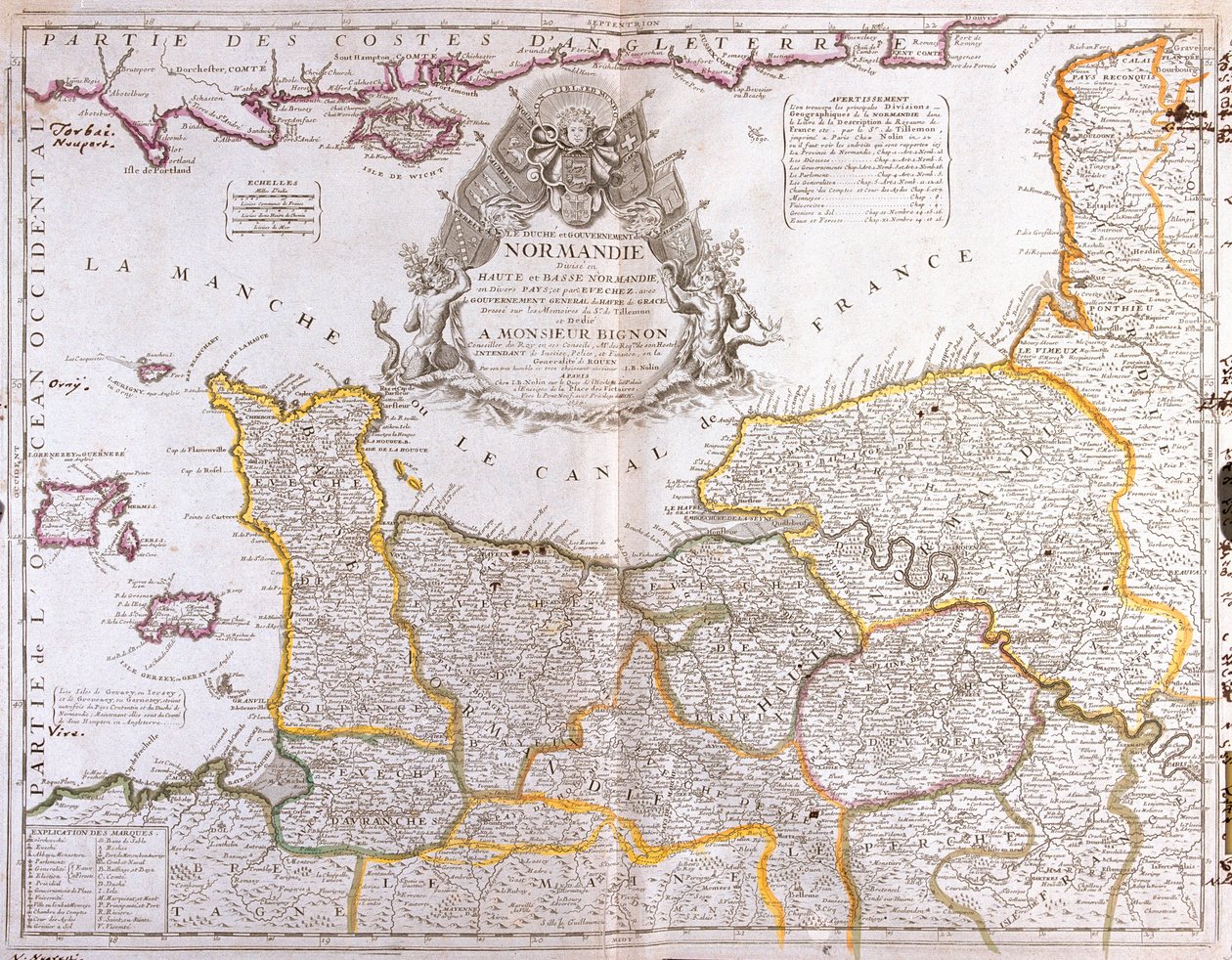 Normandia térképe, 1694, a Le Theater du Monde-ból, Jean-Baptiste Nolin készítette, 1717-ben (kézzel színezett metszet) alkotó: French School