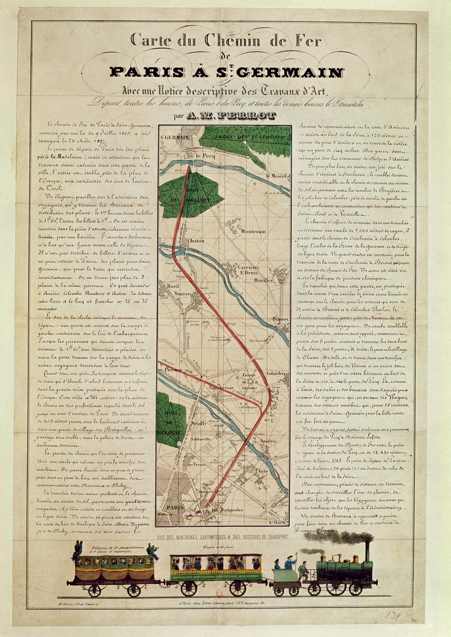 A Párizs és a St. Germain vasútvonal térképe, A.M. Perrot, 1837. augusztus 26 alkotó: French School