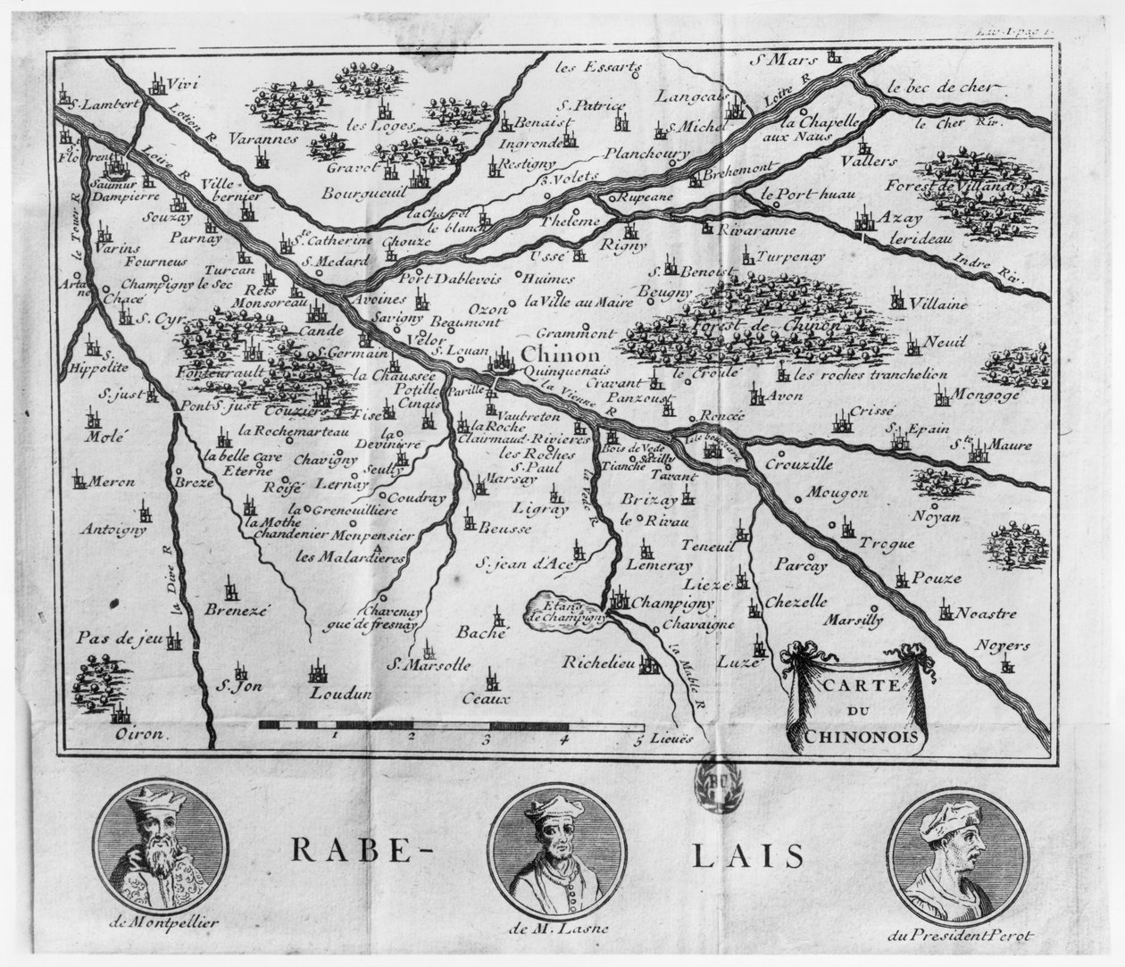 Chinon régió térképe, amely Francois Rabelais munkáihoz kapcsolódik, 1725-ben alkotó: French School