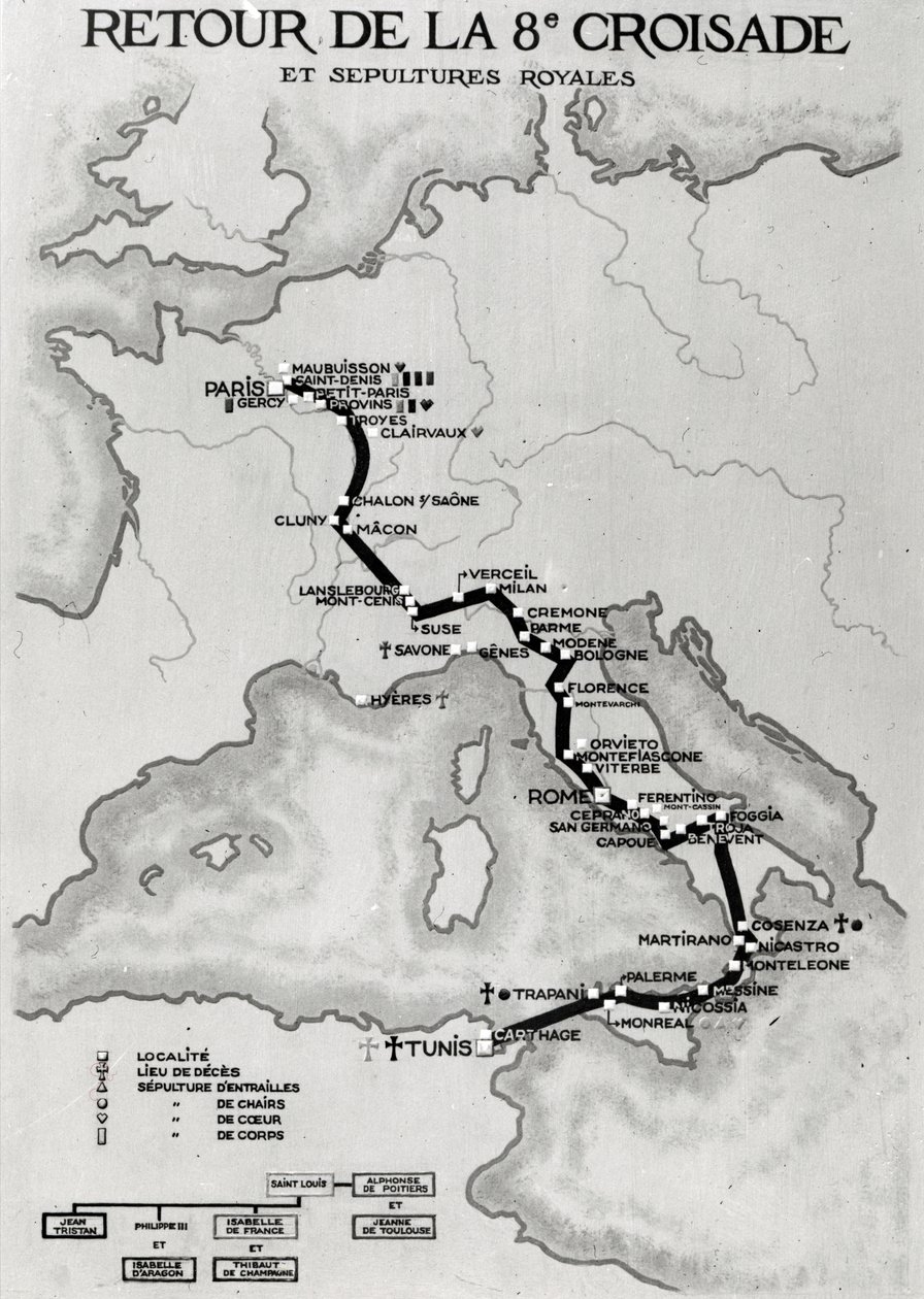 A 8. keresztes hadjárat visszatérésének térképe 1270-ben IX. Lajos holttestének nyughelyeivel alkotó: French School