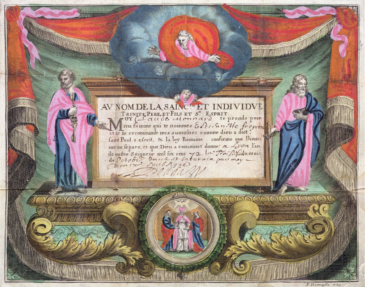 Claude Monnard házassági anyakönyvi kivonata 1672-ben Lyonban alkotó: French School