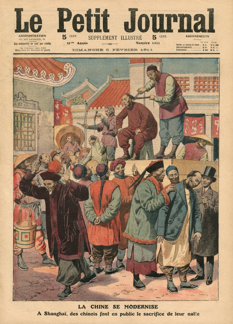 Kína modernizációja, a kínaiak copfoját levágták Sanghajban, illusztráció a „Le Petit Journal”-ból, mellékelt illusztráció, 1911. február 5. alkotó: French School