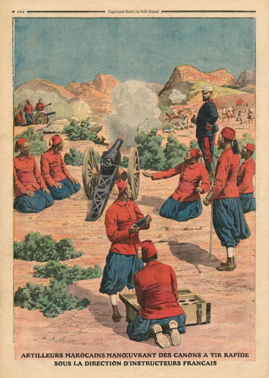 Ágyúkat használó marokkói tüzérek francia oktatók parancsnoksága alatt, illusztráció a „Le Petit Journal”-ból, illustre melléklet, 1911. március 26. alkotó: French School