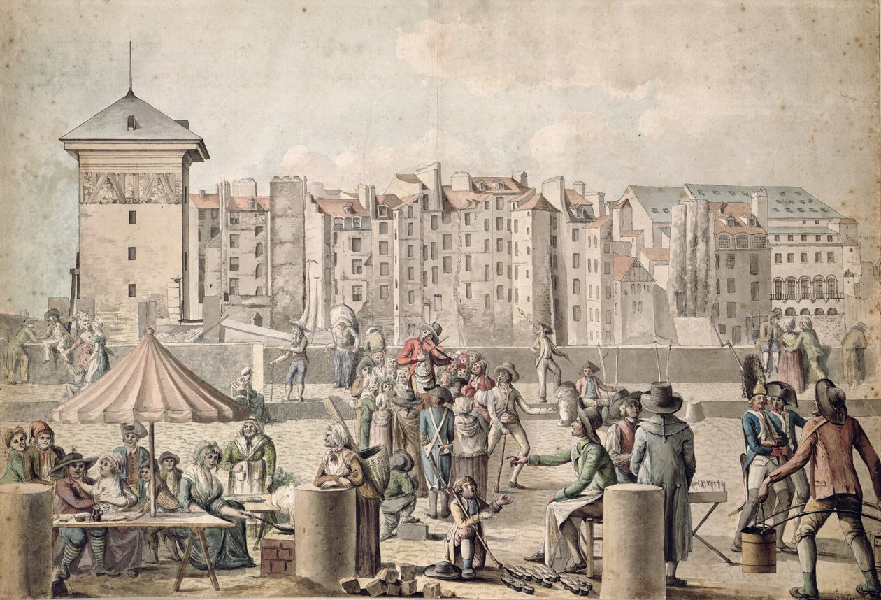 Mountebanks és sétálók a Pont au Change-n, Párizs 1790 körül alkotó: French School