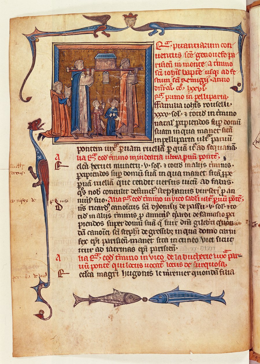 Ms 16261 fol.13v Szent Genevieve ereklyetartójának körmenete Párizs utcáin, a Censier de lAbbaye Sainte-Genevieve épületétől alkotó: French School