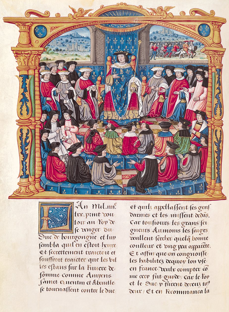 Ms 18 Fol.66v XI. Lajos megkezdi a háborút Charles le Temeraire, Burgundia hercege ellen, Philippe of Commines emlékirataiból (1445-1509) alkotó: French School