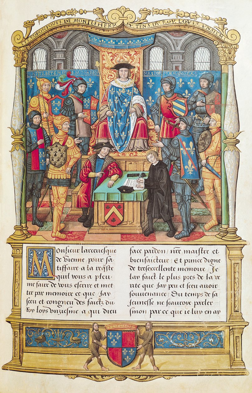 Ms 18 fol 1r XI. Lajos emlékiratainak bemutatása, Philippe of Commines (1445-1509) emlékirataiból alkotó: French School