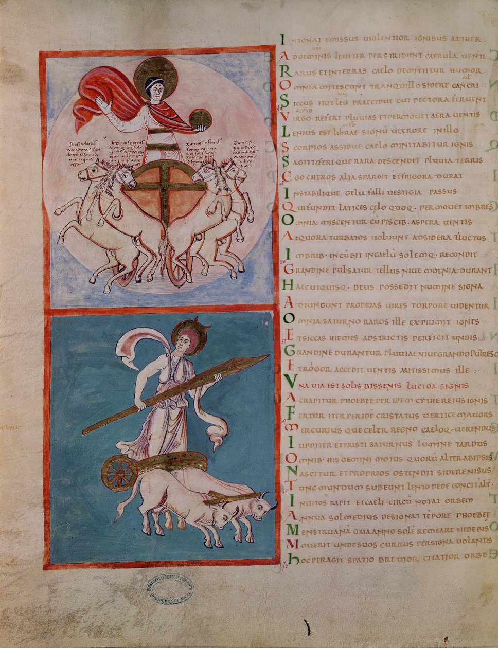 Ms 188 Fol.32v Apolló mint a Nap és Diana mint a Hold, illusztráció Aratos (Kr.e. 315-240 körül) "Les Phenomenes" című művéből, 1000 körül. alkotó: French School