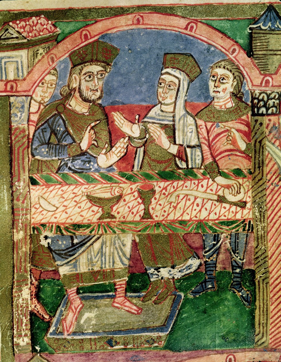 Ms 250 f.24r St. Radegund (518-87) Clothar I (497-561) asztalánál St. Radegund életéből (173477 részlet) alkotó: French School