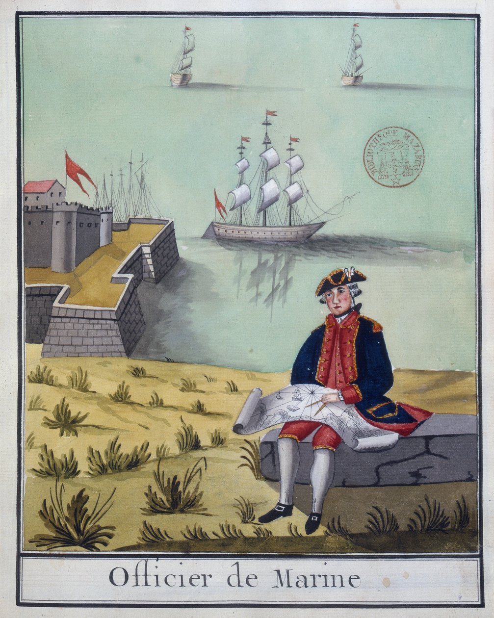 Ms 2848 The Marine Officer, egy sor francia katonai jelmezből, 1768 (wc papíron) alkotó: French School