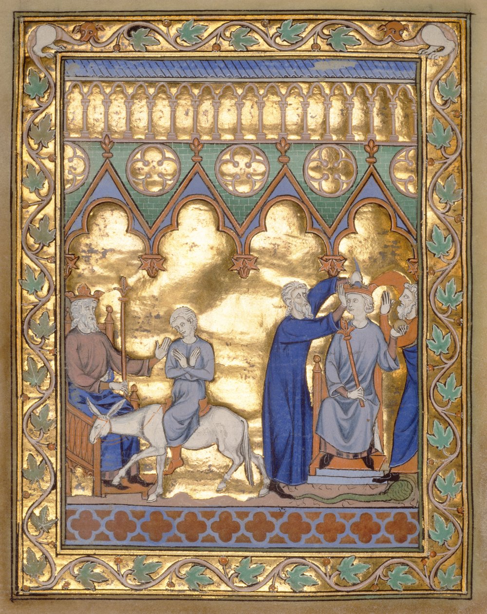 Ms 300 f.5v Salamon koronázása, a francia Izabella zsoltárából és óráiból, Párizs, 1260 körül (arany levél temperán pergamenen) alkotó: French School