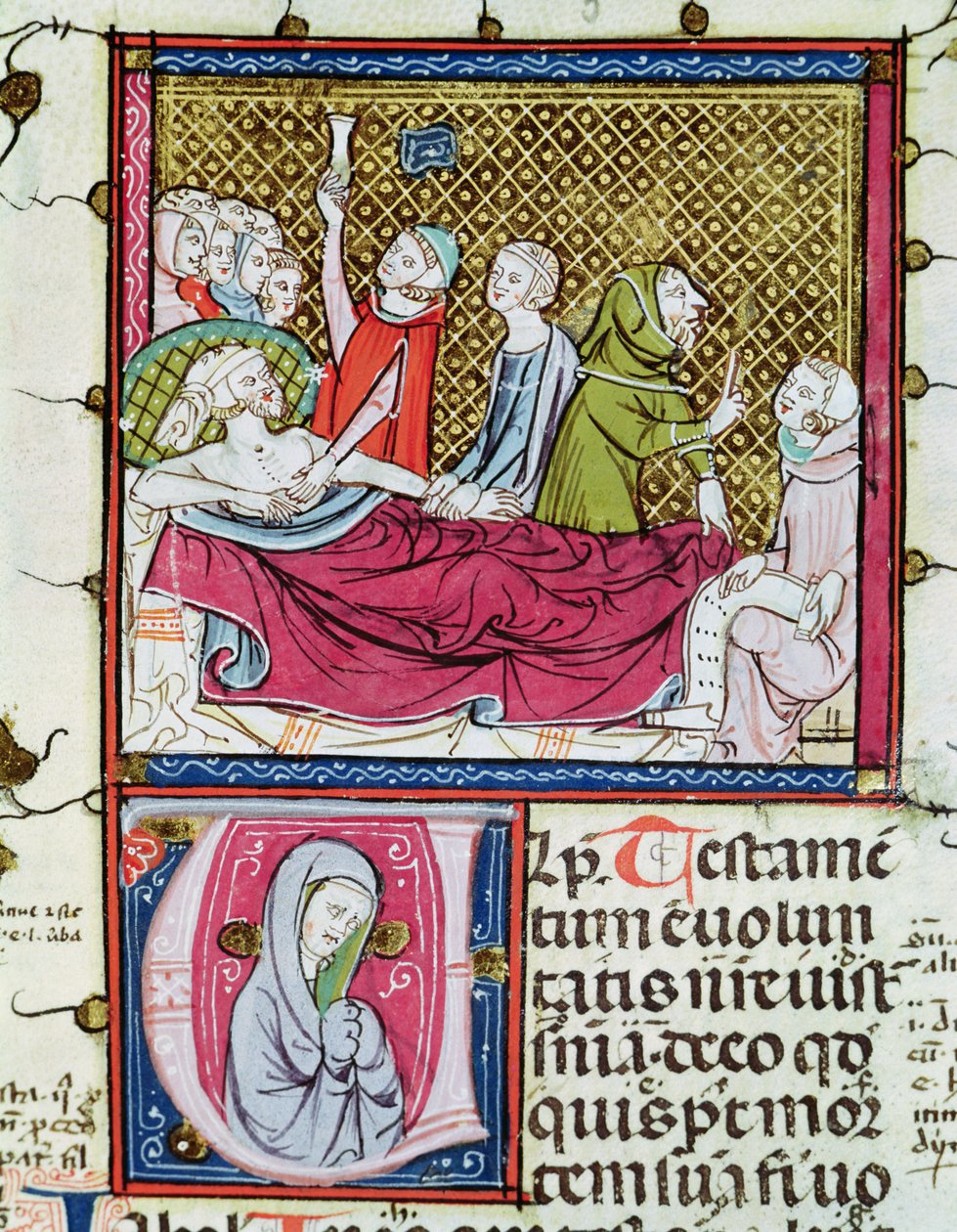 Ms 3076 fol.56r Haldokló férfi, akit orvosok és család vesz körül, és diktálja végrendeletét, a Justiniani in Fortiatumból alkotó: French School
