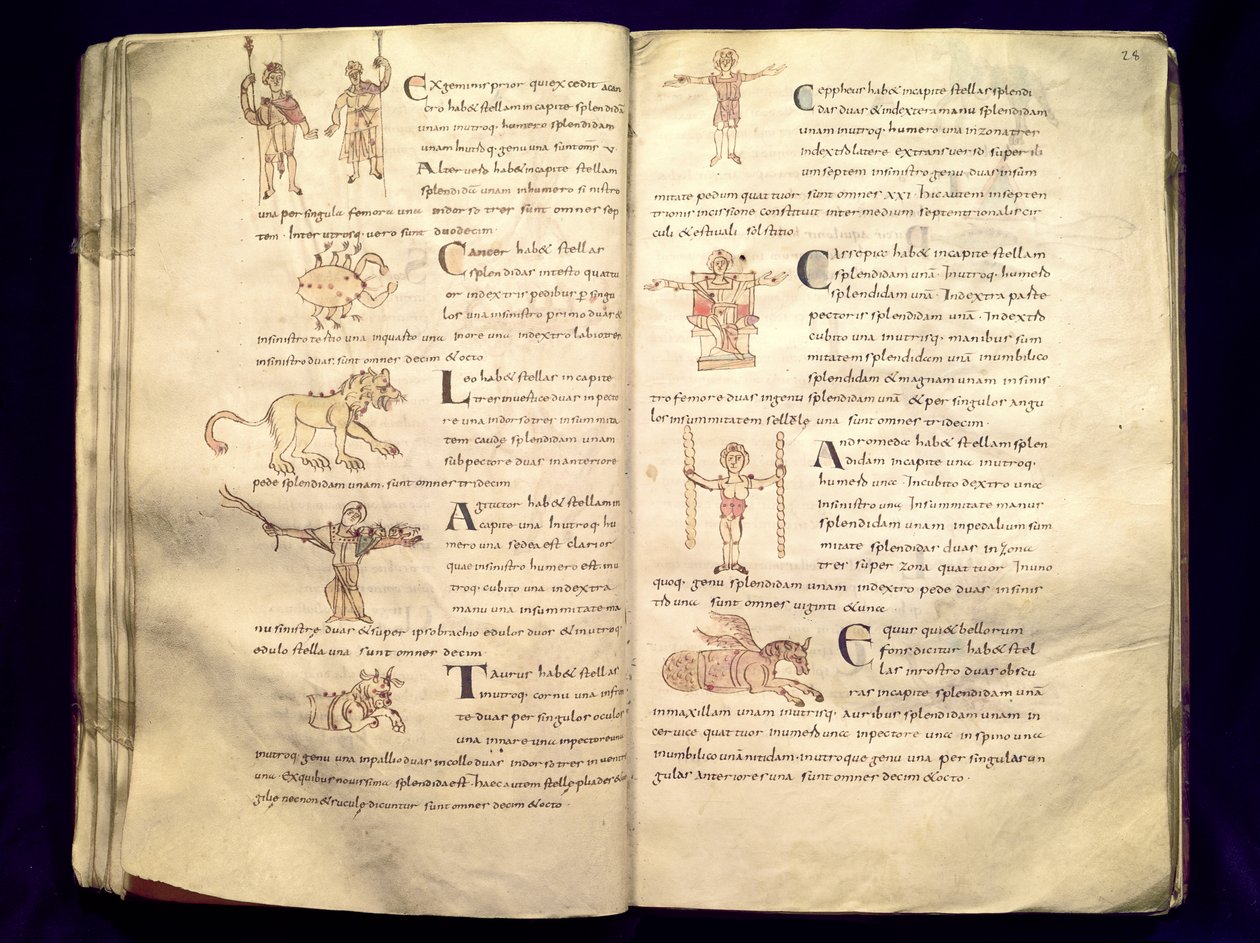 Ms 422 Fol.27v und 28r A Hold útja a csillagképeken keresztül, Sevillai Izidor „De Natura Rerum” című művéből alkotó: French School