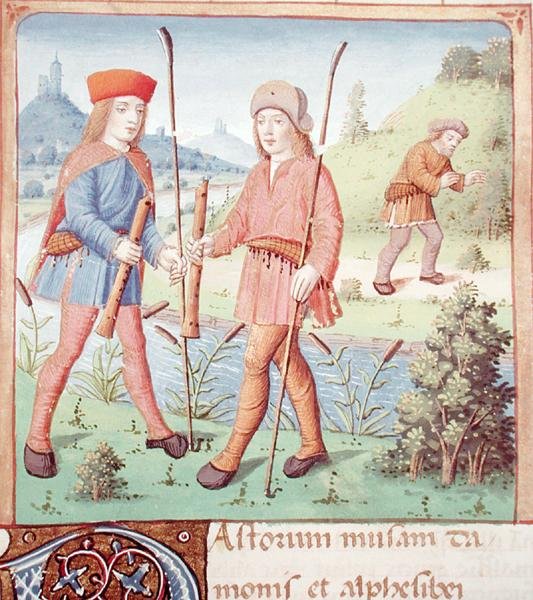 Ms 493 fol.14 Pásztorok a folyó mellett, Vergilius Eclogues című részéből Servius kommentárjával, 1469 alkotó: French School