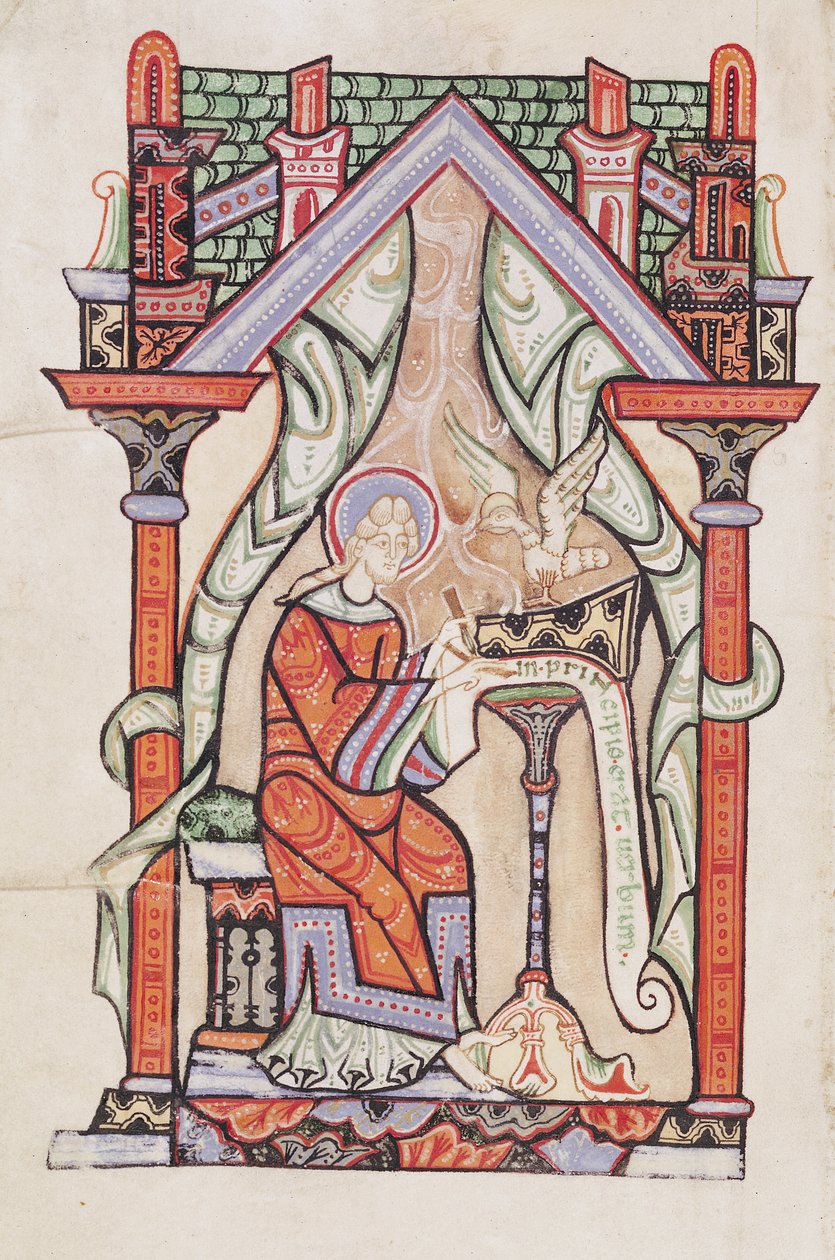 Ms 75 fol.63v Szent János evangélista, Szent Máté és Szent János evangéliumaiból, Szent Amand apátságból alkotó: French School