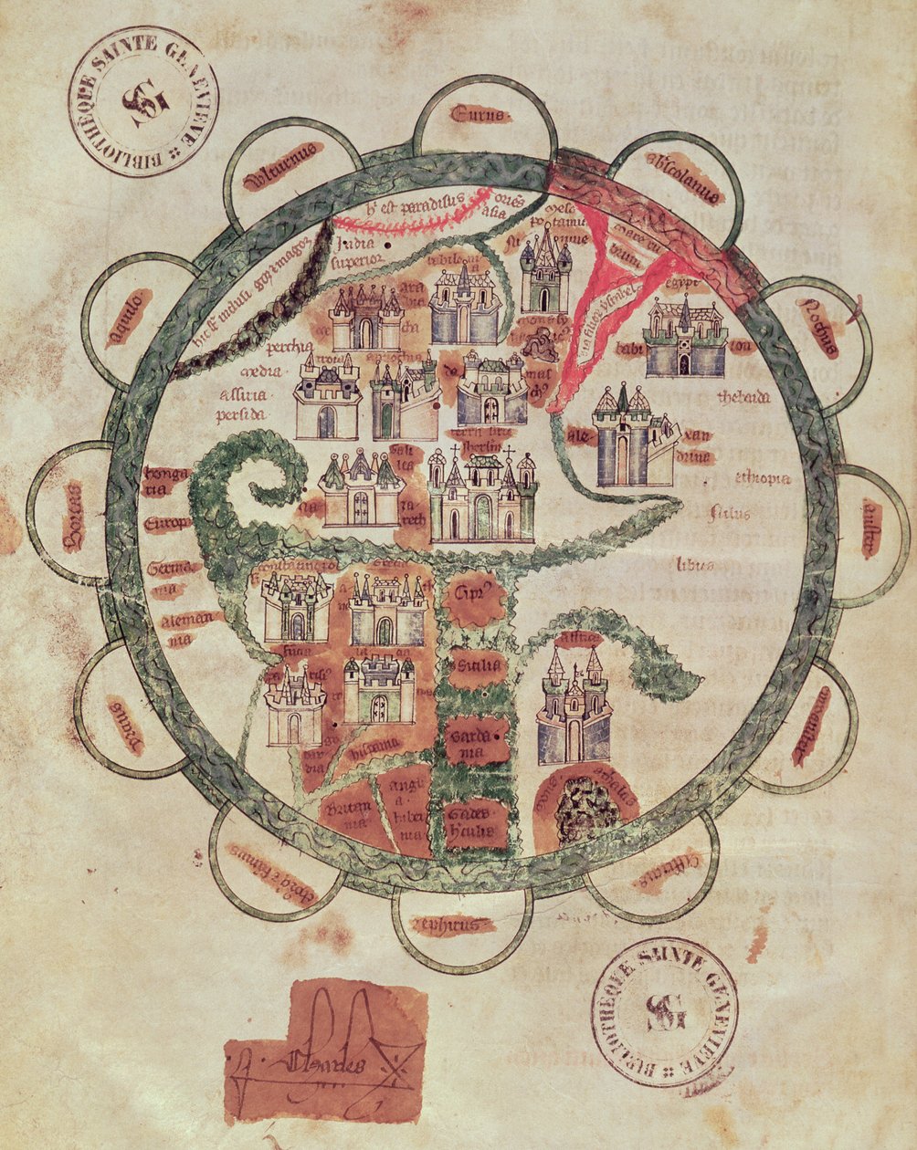 Ms 782 f.374v Világtérkép Jeruzsálemmel a közepén, a Chroniques de St. Denisből, 1275 körül alkotó: French School