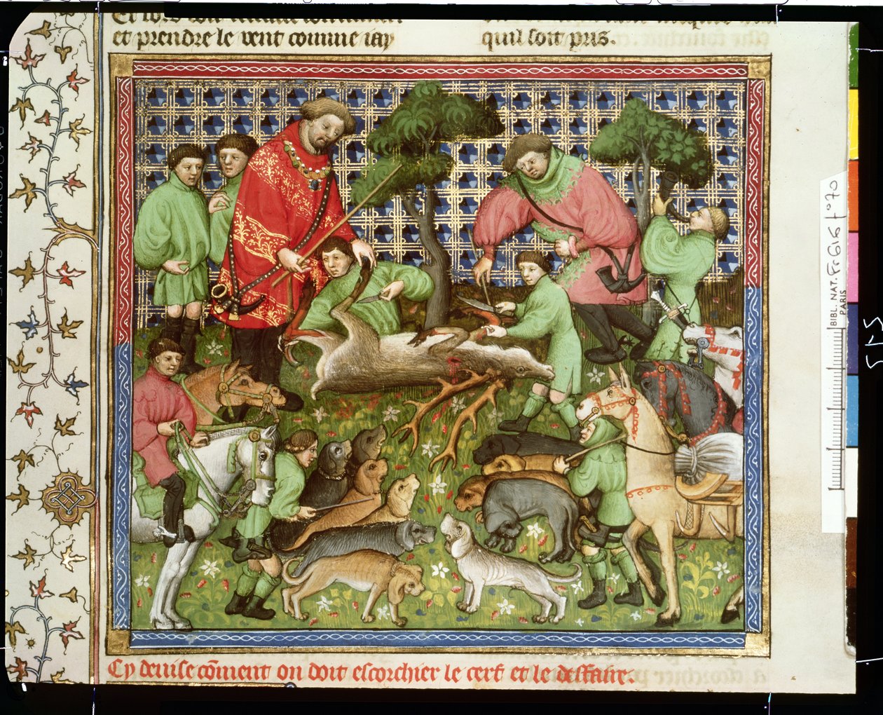 Ms Fr 616 fol.70 Egy döglött szarvas felvágása, a Livre de la Chasse-ból, Gaston Phebus de Foix (1331-91) alkotó: French School