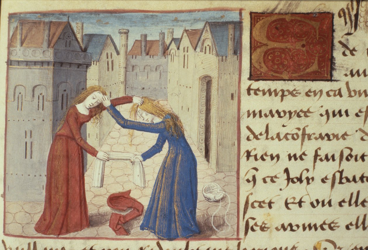 Ms Hunter 252 f.186r Két nő harcol, a Les Cent Nouvelles Nouvelles, 1462 alkotó: French School