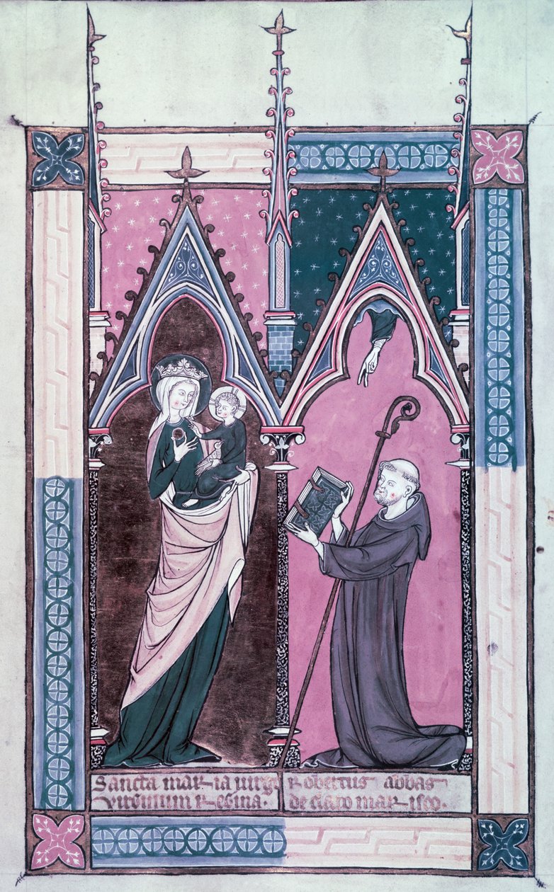 Ms.174 fol.2 Robert clairmarais-i apát bemutatja Richard de Saint-Laurent „De Laudibus Beatae Mariae Virginis” című művét Clairmarais-i Boldogasszonynak alkotó: French School