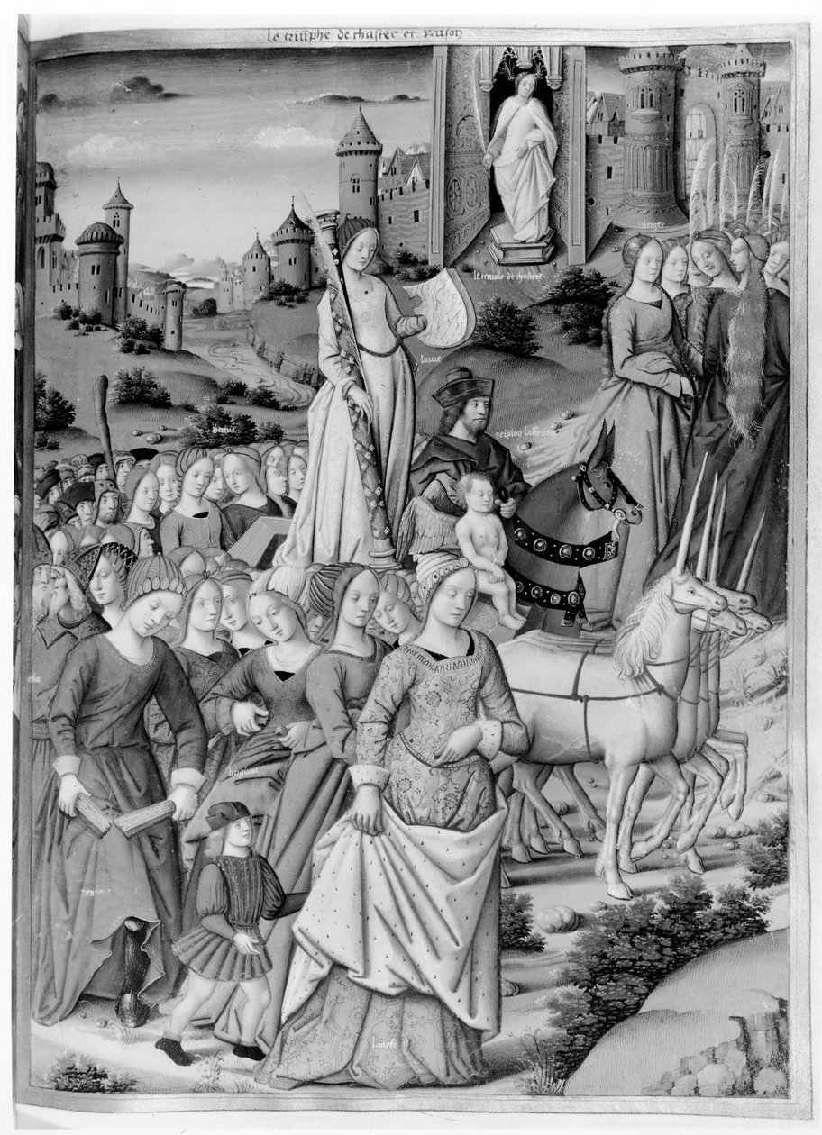 Ms.Fr.594 fol.102 A tisztaság és az értelem diadala, Petrarch (1304-74) „Les Triomphes” című művéből, 1503 alkotó: French School